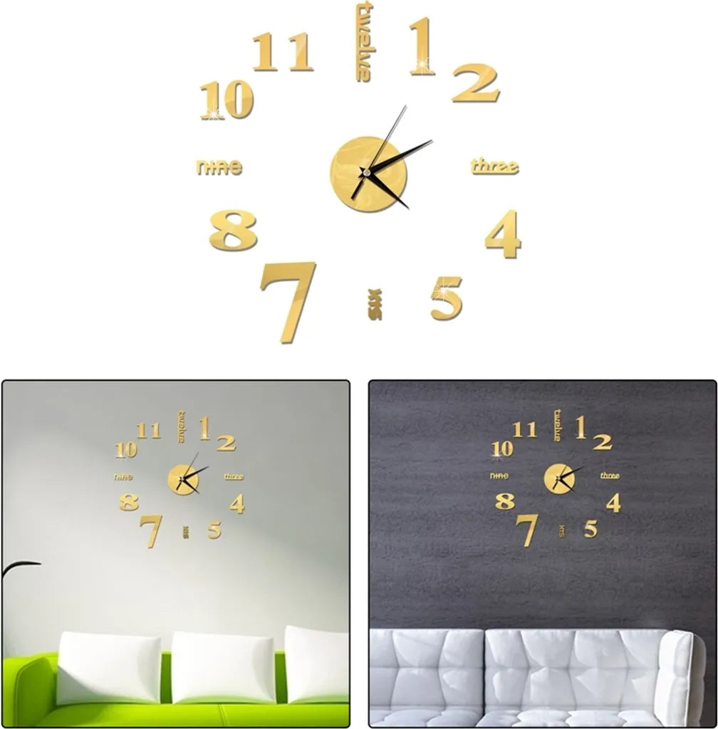  3D Spiegel Wanduhr DIY Große Frameless Sticker Silent Wanduhr (Schwarz)