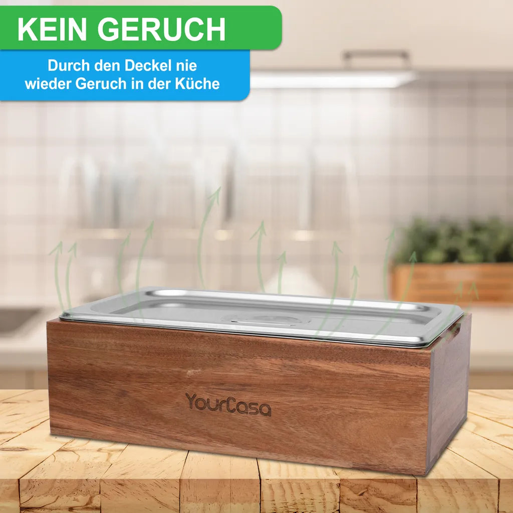 YourCasa® Komposteimer - Akazien Holz Box - Biomülleimer Küche - Spülmaschinenfest - Geruchsdicht- Herausnehmbarer Edelstahl Einsatz -Mülleimer Küche Mit Deckel Biomüll