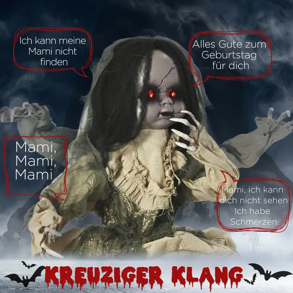  Outsunny 83cm Halloween Dekoration Geisterpuppe Mit Spezialeffekten Und Soundfunktion Rote Augen Mit Leuchtern Motorisierte Räder Horrorpuppe