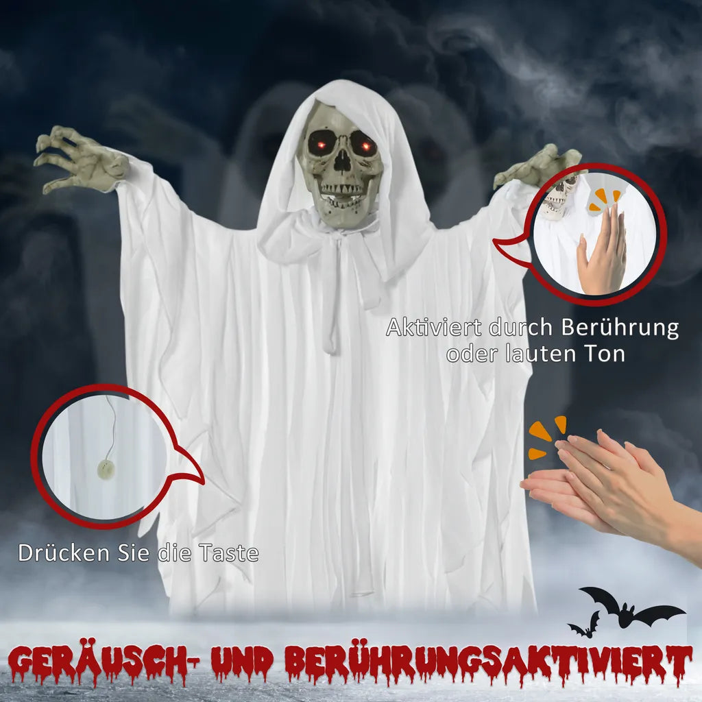  Outsunny 153 Cm Halloween Deko Horror Gespenst Hängend Geist Gespenst Augenglühen Mit Spezialeffekten Und Soundfunktion Weiß