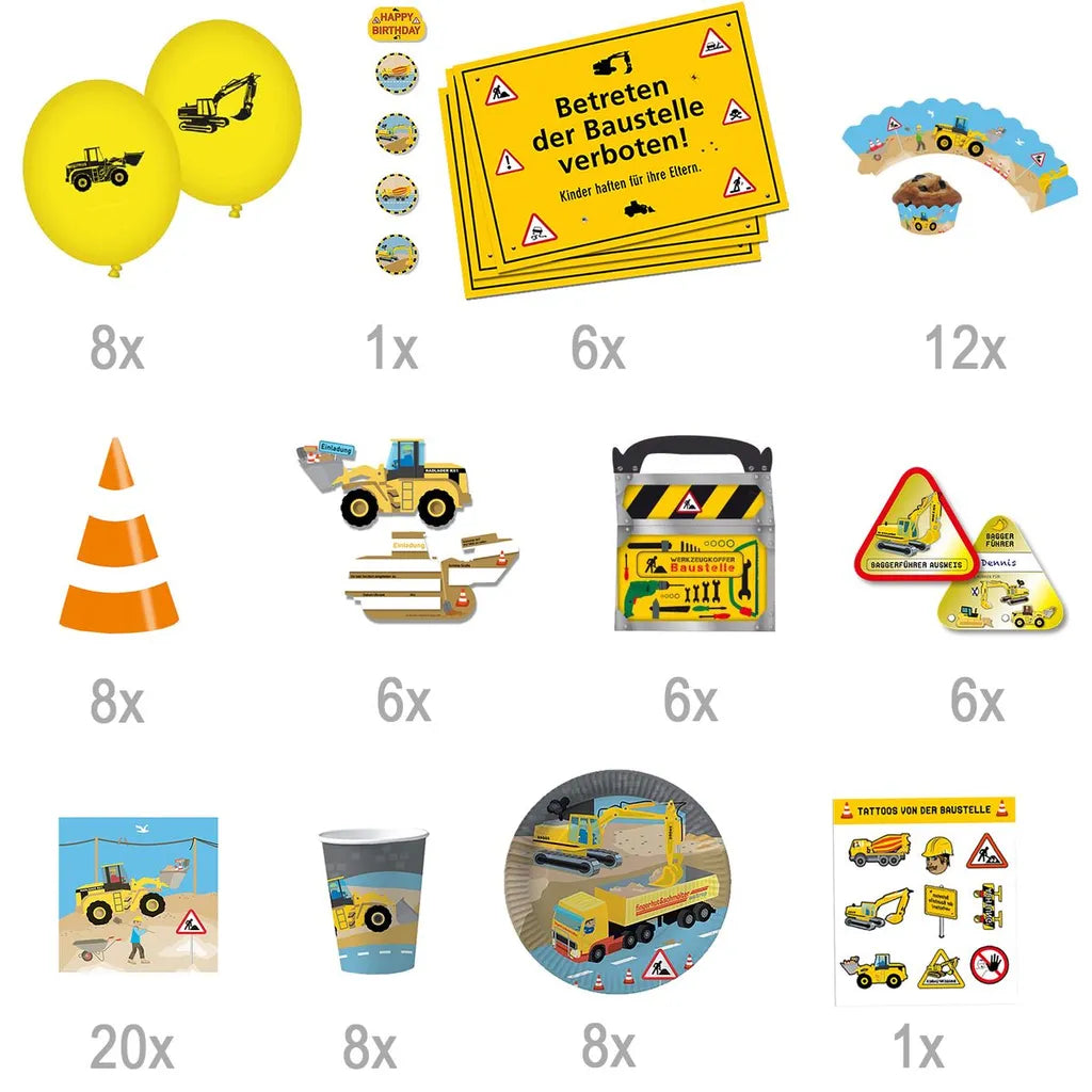  XXL Party-Set Kindergeburtstag Baustelle Bagger Für 6 Kinder, 98-tlg.