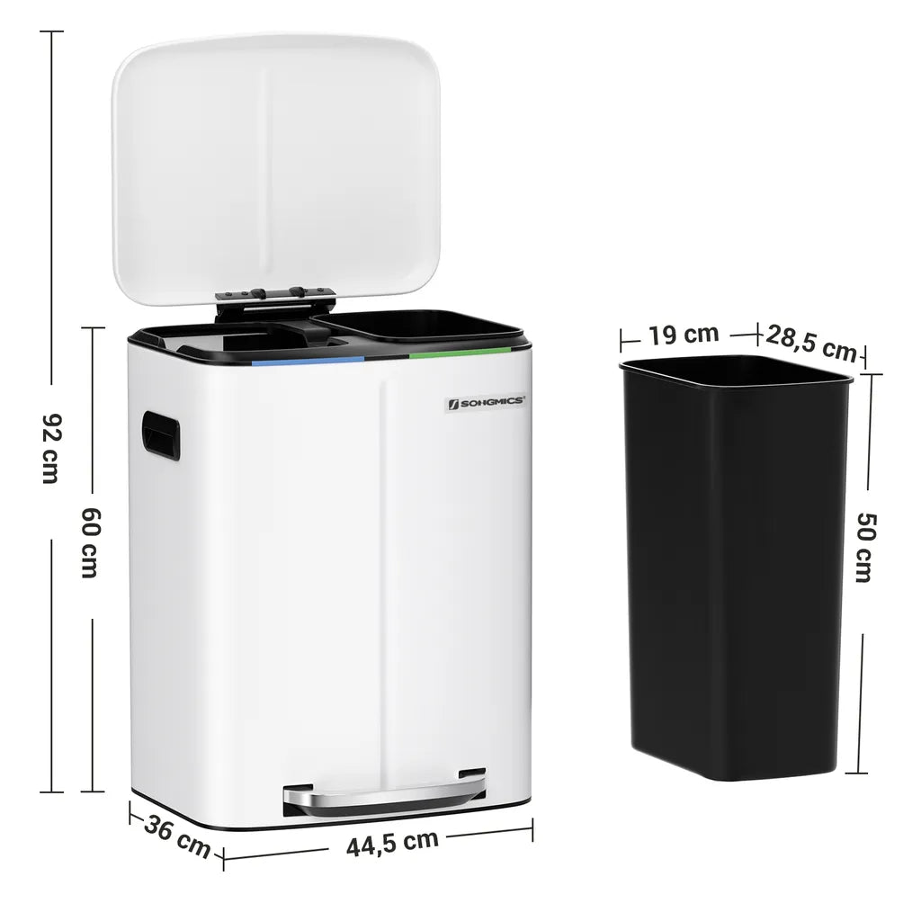  SONGMICS Mülleimer Mit 2 Fächern 40L Abfalleimer 2 X 20L Treteimer Aus Metall Mit Klappdeckel Und Griffen Softclose Luftdicht Weiß LTB40WT