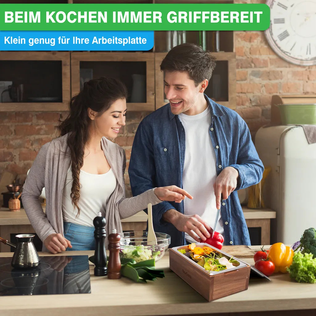  YourCasa® Komposteimer - Akazien Holz Box - Biomülleimer Küche - Spülmaschinenfest - Geruchsdicht- Herausnehmbarer Edelstahl Einsatz -Mülleimer Küche Mit Deckel Biomüll