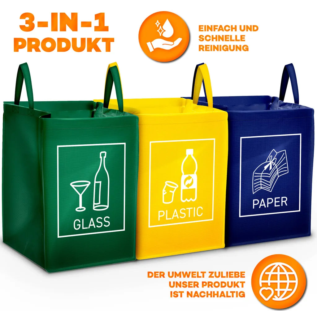  TRESKO 3er Set Recycling Englisch Müll Sortiertaschen Mülltrennsystem Mülleimer Mülltrenner Trennsystem Abfalltrennsystem