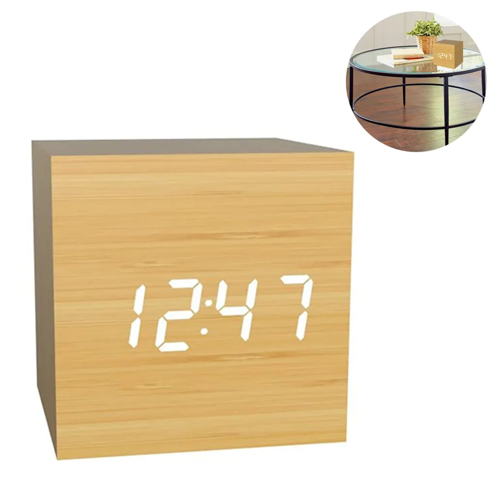  LED Digitaler Wecker, Holz Digitaluhr Digitalwecker Tischuhr Reisewecker Uhr Zeit Datum Temperaturanzeige - Stimme Und Berührung Aktiviert
