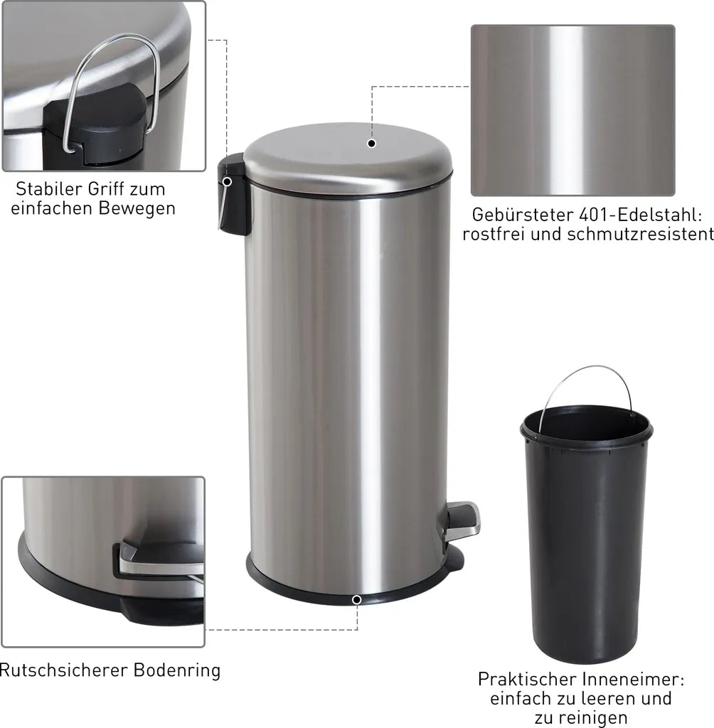  HOMCOM Treteimer Mit Inneneimer Pedal-Mülleimer Klappdeckel Abfallsammler Edelstahl Silber 30L