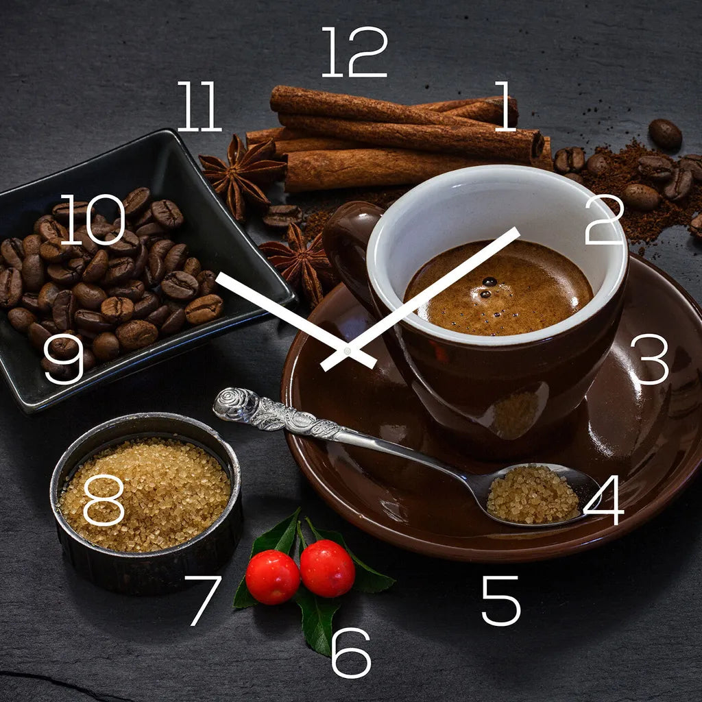 Wanduhr Glas 30x30cm Kaffee Braun Glasuhr Uhr Glasbild Küche Deko Coffee Cafe