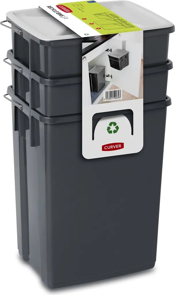  CURVER Abfalleimer Set Abfalltrennungsset Sortieren Mülleimer 2x10L + 6L Küchen-Mülleimer Mülleimer Mülltrennsystem Tragegriff Deckel Inkl. Halterung