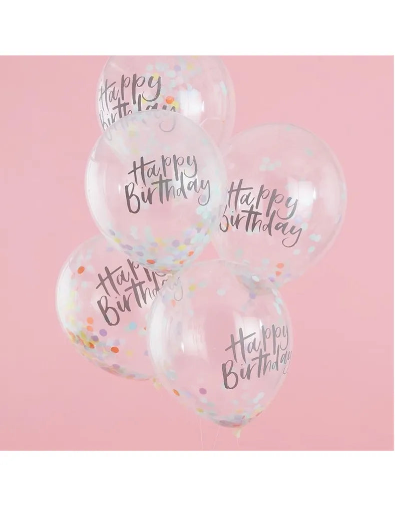 Ginger Ray Luftballons Happy Birthday Mit Konfetti Deko 5 Stück Transparent-bunt 30cm