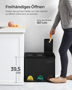  SONGMICS Mülleimer Für Die Küche, 3 X 8 Liter, Abfalleimer Aus Metall, 3-in-1 Treteimer, Mülltrennung, Mülltrennsystem, 15 Müllbeutel, Einfach Zu Reinigen, Stahl, Schwarz LTB24BK