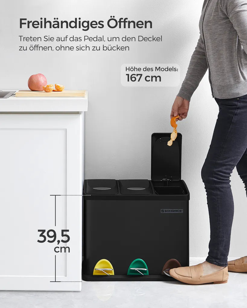  SONGMICS Mülleimer Für Die Küche, 3 X 8 Liter, Abfalleimer Aus Metall, 3-in-1 Treteimer, Mülltrennung, Mülltrennsystem, 15 Müllbeutel, Einfach Zu Reinigen, Stahl, Schwarz LTB24BK