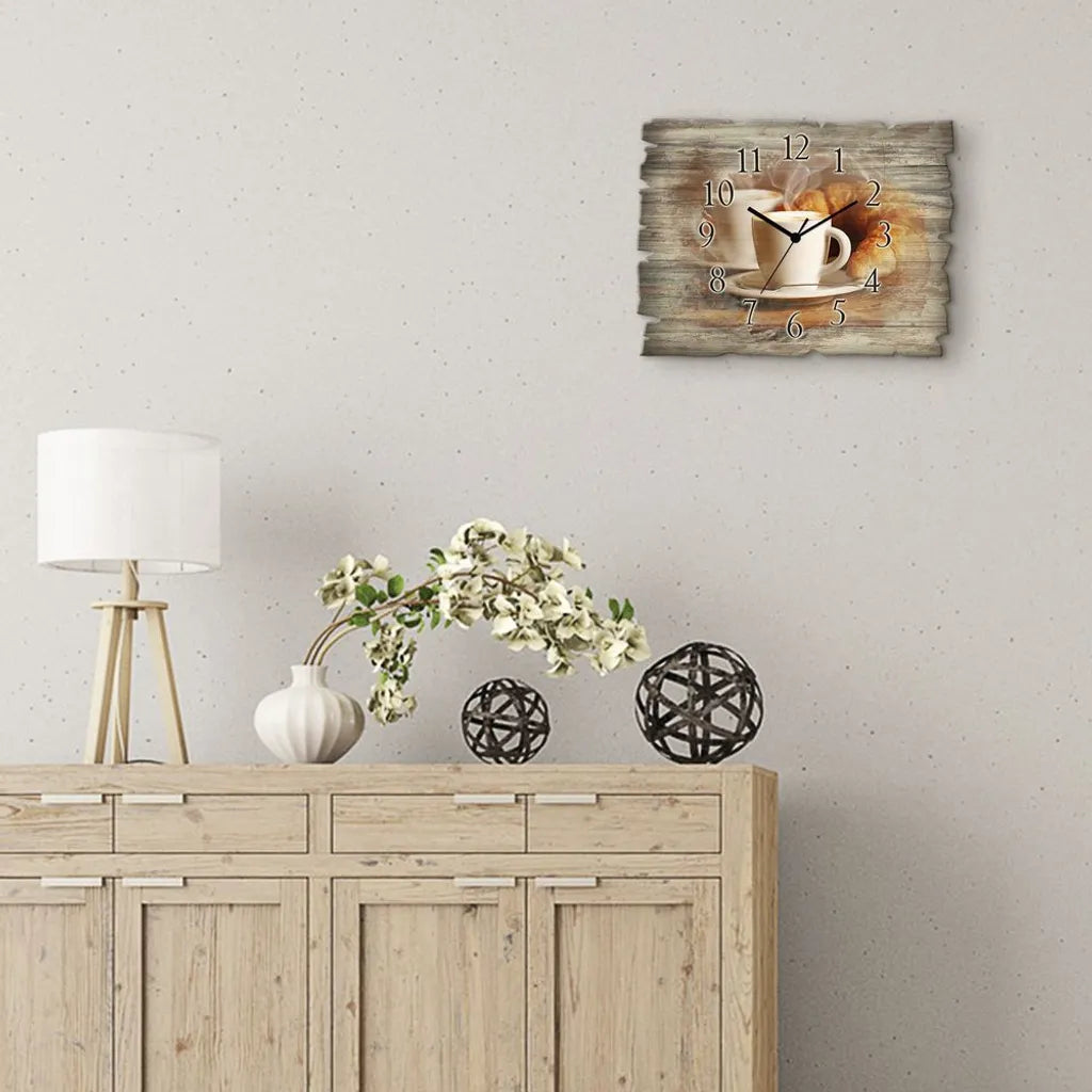  ARTland Holz Wanduhr Funkuhr - Schwarzer Zeiger Dampfender Cappuccino Und Croissant Größe: 40x30 Cm