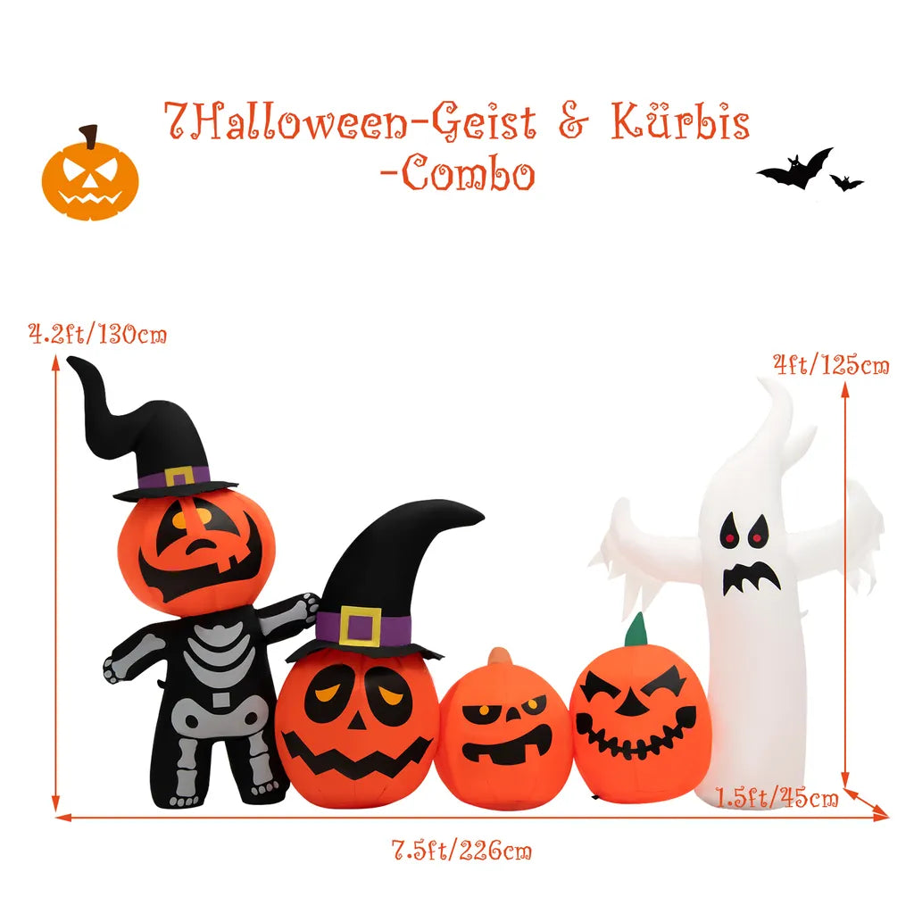  COSTWAY 226cm Aufblasbare Kürbis-Kombination LED Halloween-Dekoration Aufblasbar Mit Geister-, Skelett- & Hexenhüten Für Halloweenparty, Hinterhof & Garten