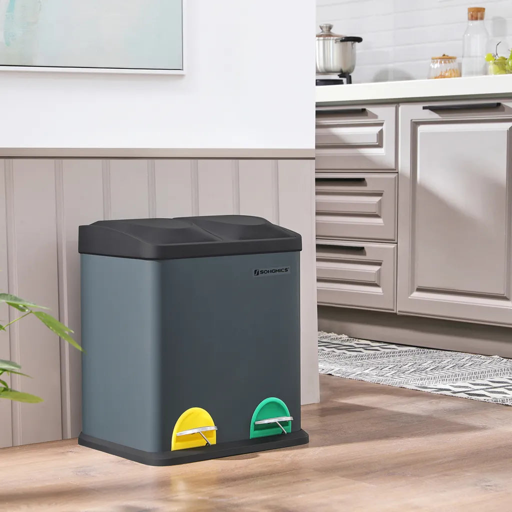  SONGMICS Mülleimer 30 Liter, Mülltrennung, 2 X 15 Liter, Abfalleimer, Treteimer Mit Inneneimern, Farbigen Pedalen, Mülltrennsystem Für Die Küche, Rauchgrau-schwarz LTB30G
