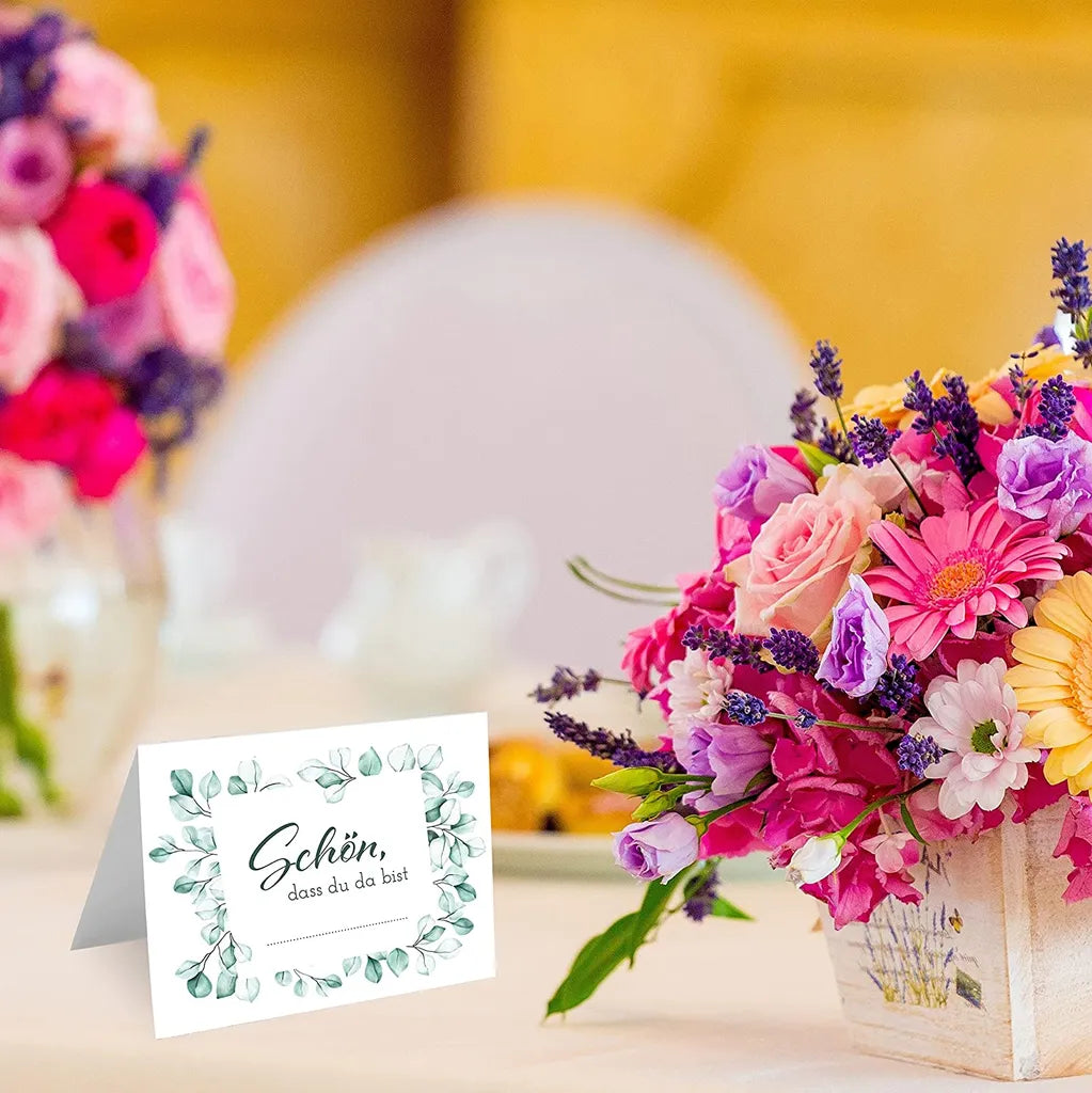  MAVANTO® 50x Design Tischkarten Hochzeit Geburtstag DIN A7 - Platzkarten Zum Beschriften In Vielen Verschiedenen Designs (Eukalyptus Kranz)