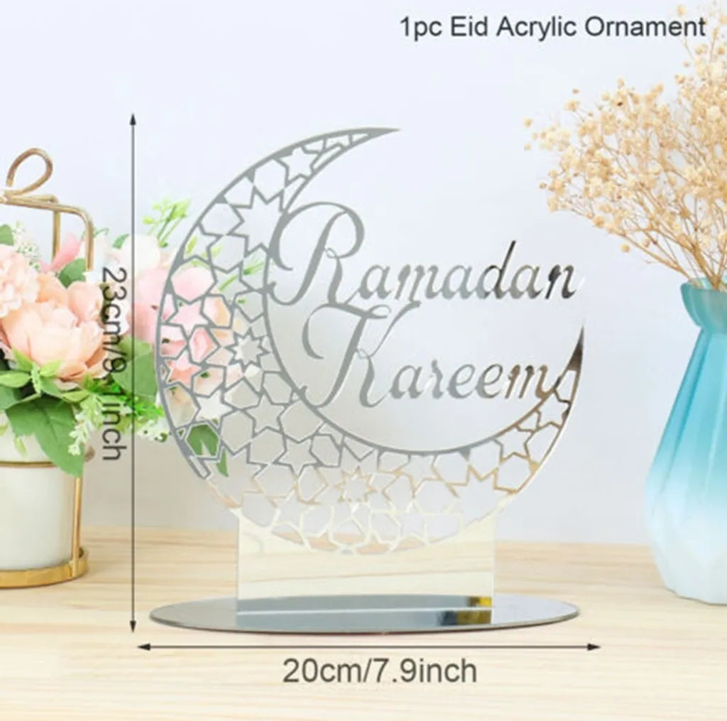  3x Ramadan Eid Mubarak Dekorationen Eid Mubarak Acryl Ornamente Mond Sterne,Muslim Festival Dekorationen, Silber
