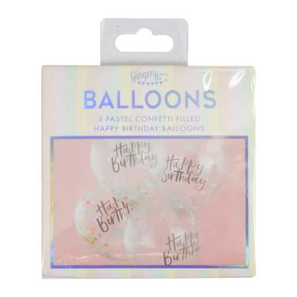 Ginger Ray Luftballons Happy Birthday Mit Konfetti Deko 5 Stück Transparent-bunt 30cm