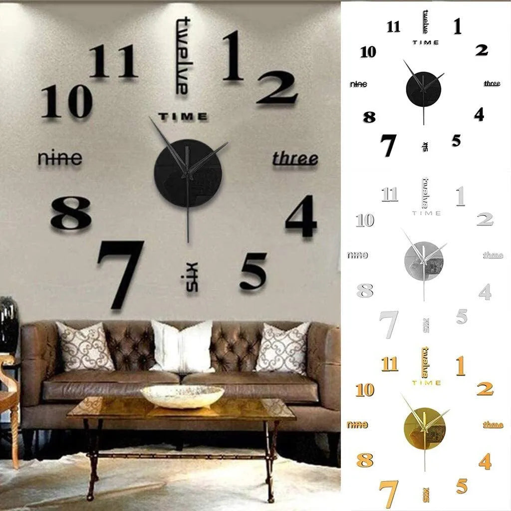  3D Spiegel Wanduhr DIY Große Frameless Sticker Silent Wanduhr (Schwarz)