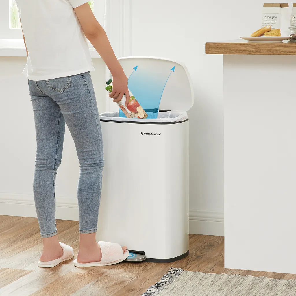  SONGMICS 50 Liter, Mülleimer Küche, Abfalleimer, , Mit Deckel, Treteimer Weiß LTB101W01