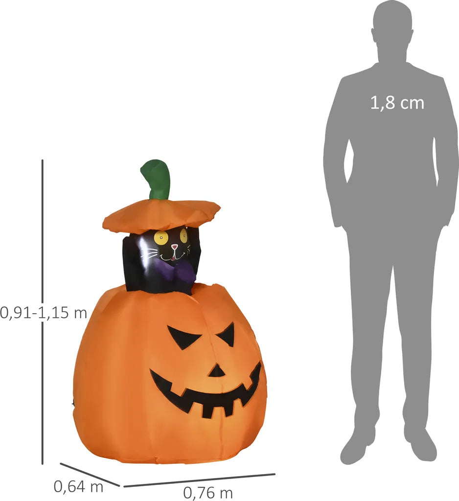  Outsunny 115 Cm Halloween Deko Aufblasbar Kürbisgeist Mit Beweglicher Katze Helloween-Gartendeko Mit LED Lichter Wasserdicht Für Indoor Außen Hof Rasen Haus Halloween Party