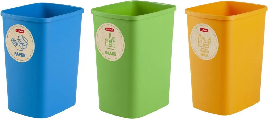  Curver Eco Friendly 3er-Set Mülltrennungssystem Mülleimer Mülltrennung Papier Glas Und Kunststoff Recycling-Eimer Aus Kunstoff (3x9L)