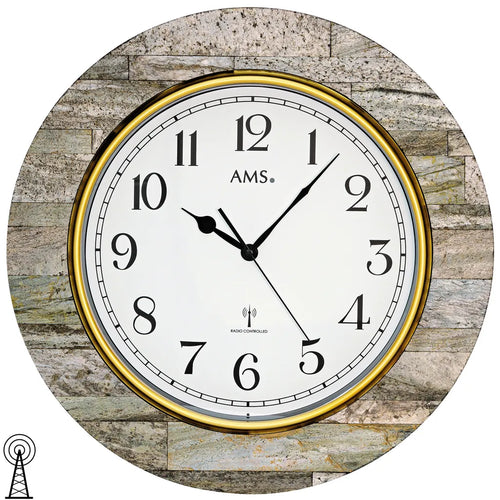  AMS 5569 Wanduhr Funk Funkwanduhr Analog Rund Holz-Gehäuse Mit Stein-Auflage