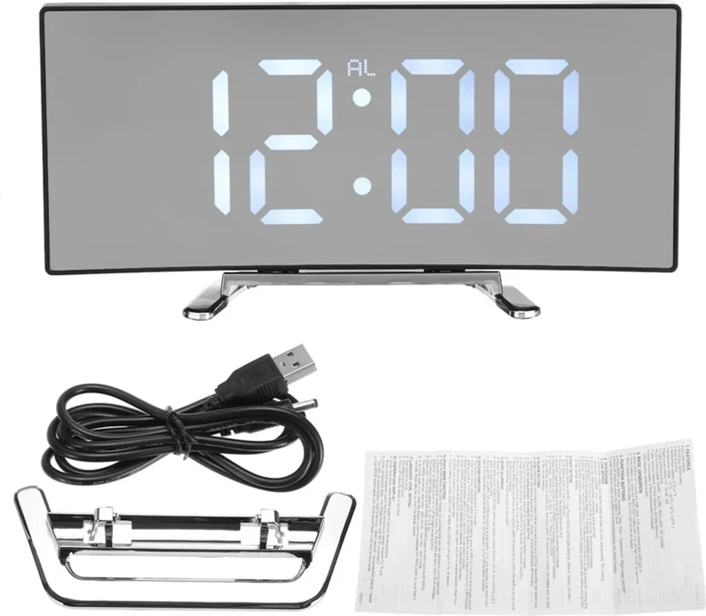  Digitaler Wecker Uhr Mit LED Gebogener Spiegel Großer , USB Stiller Wecker Mit Temperatur- Und Schlummermodus, Harz, Grün
