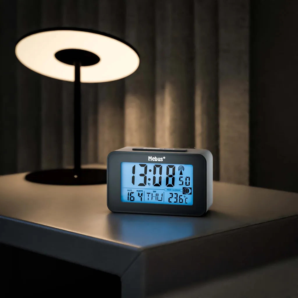  Mebus Digitaler Funkwecker Mit Mondkalender, Beleuchtung, Innenthermometer, 2 Weckzeiten, Schlummer-Funktion