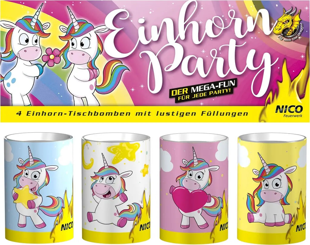  4er SET Tischdeko Tischfeuerwerk Einhorn Party