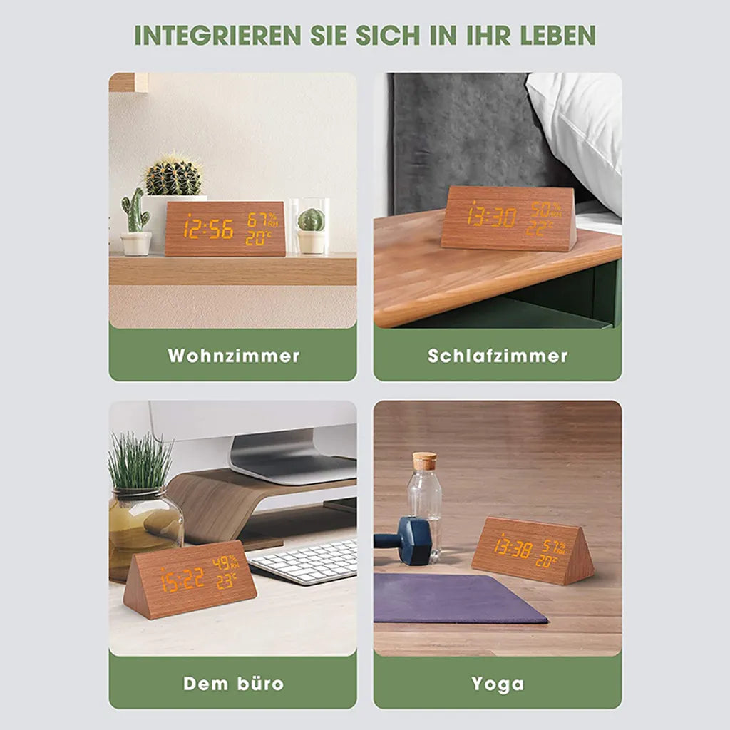  Wecker Digitaler LED Wecker Uhr Holz,mit Sprachsteuerung/Datum/Temperatur Und Luftfeuchtigkeit, Braun