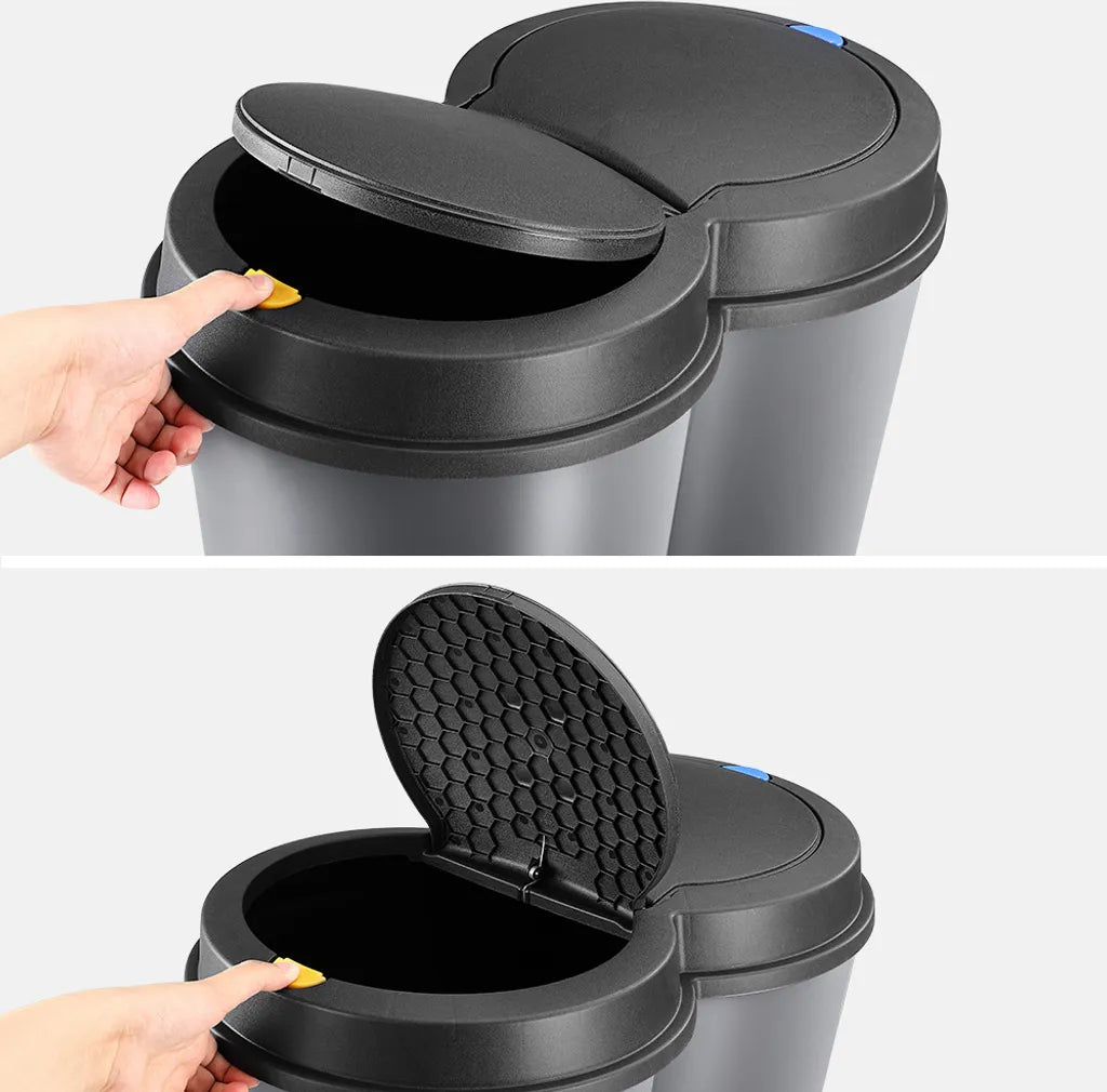  Deuba Mülleimer 50 L Duo 2fach Trennsystem 2x25L Druckknopf-Automatik Küche Abfalleimer Müllbehälter Mülltrennung Büro, Farbe:silber - Silver - Argent