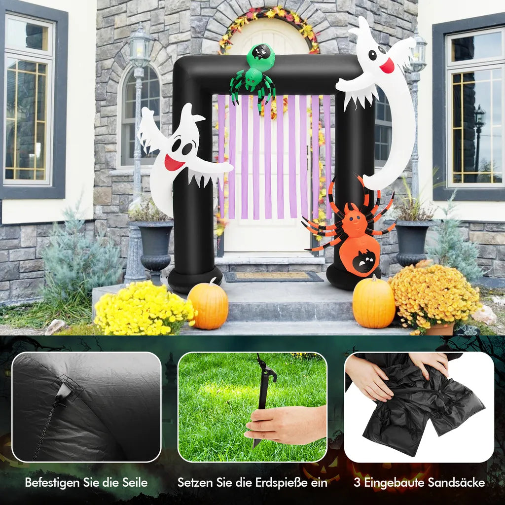  COSTWAY LED Aufblasbarer Halloween-Torbogen 223cm, Festliche Halloween-Dekoration Mit 2 Geistern & 2 Spinnen, Inkl. Wasserdichtem Gebläse, Für Die Veranda, Garten