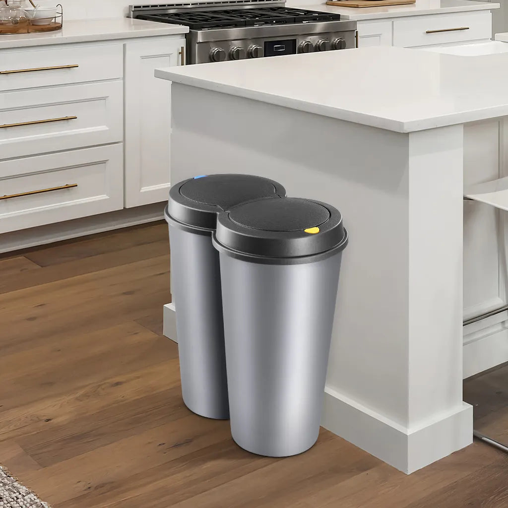  Deuba Mülleimer 50 L Duo 2fach Trennsystem 2x25L Druckknopf-Automatik Küche Abfalleimer Müllbehälter Mülltrennung Büro, Farbe:silber - Silver - Argent