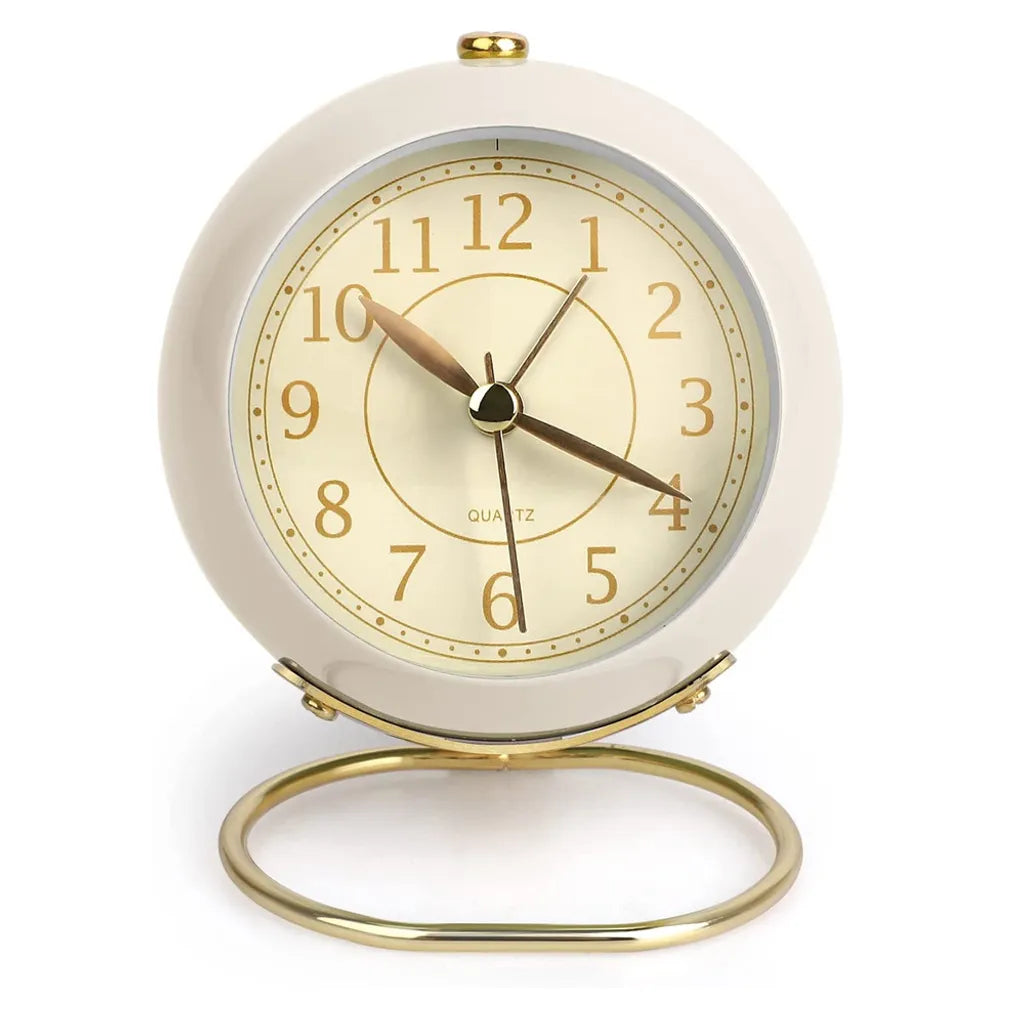  Silent Small Table Clocks, Pink Alarm Clock For Bedroom Pastel Room Office Shelf Kitchen, Cute Gold Vintage Aesthetic Decor Desk Clock, No-Ticking Battery Operated Tabletop Analog Alarm Clock,White