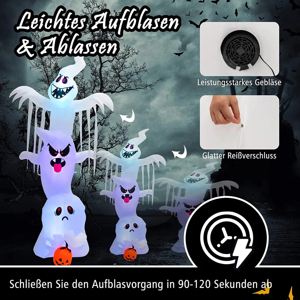  COSTWAY Gestapelte Geister Mit Bunten Lichtern Aufblasbar 310cm Lang, Riesige Gespenst Mit Kürbis, Halloween-Dekoration Für Halloweenparty, Hof & Outdoor