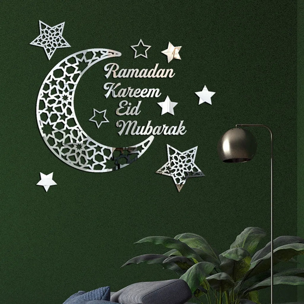  Ramadan Kareem Aufkleber Dekorationen Wand Eid Mubarak Eid Al Adha Mond Und Stern Aufkleber Islamische Spiegeldekoration（Silver）