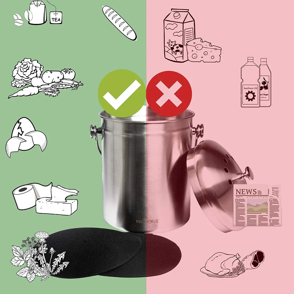  Komposteimer Küchen-Kompostbehälter VeoHome Mit Aktivkohlefilter (5L) - Rostfreier Edelstahl, 100% Luftdicht, Um Geruch Aus Organischen Lebensmittelresten Zu Hause