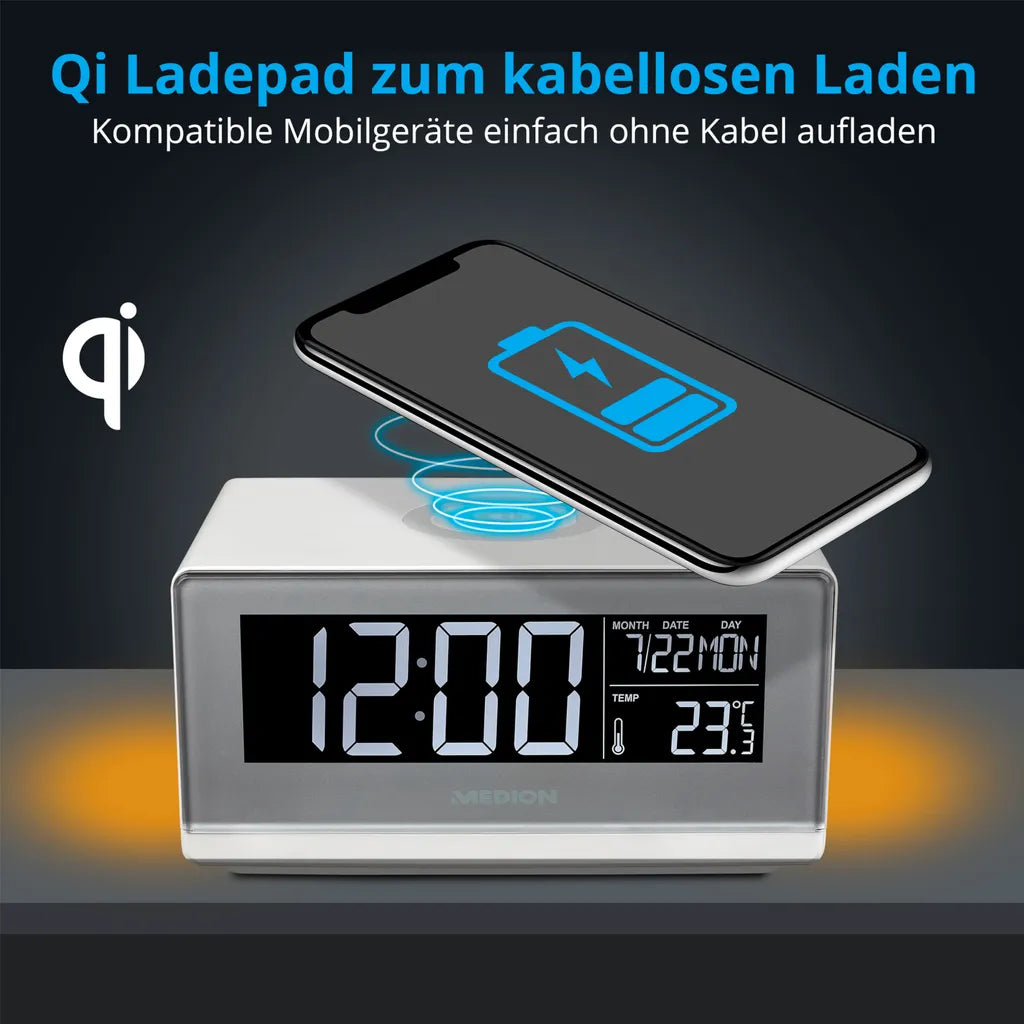  MEDION E75009 Wecker Mit Qi Ladefunktion (Weckstation, Ladestation, Induktives Laden, Temperaturanzeige, Snooze Schlummerfunktion, Timer, Displaydimmer) Silber