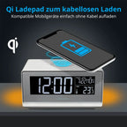  MEDION E75009 Wecker Mit Qi Ladefunktion (Weckstation, Ladestation, Induktives Laden, Temperaturanzeige, Snooze Schlummerfunktion, Timer, Displaydimmer) Silber