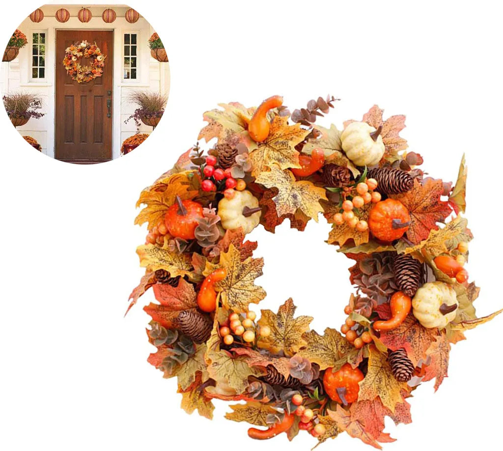 50cm Künstlicher Herbstkranz, Rosenkranz Für Haustür Ahornblatt Türkranz Mit Kürbis Beere Klingel Für Halloween Das Erntedankfest Innen- Oder Außenanordnung Dekoration