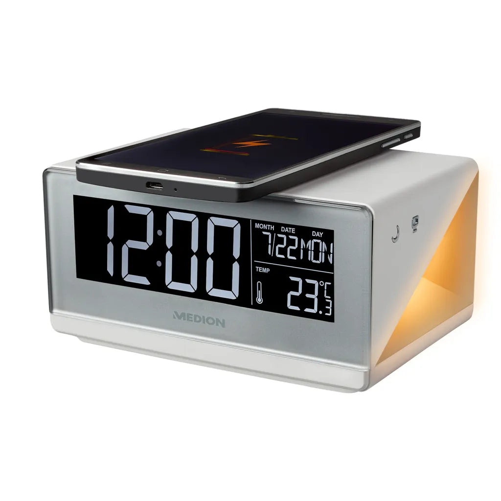  MEDION E75009 Wecker Mit Qi Ladefunktion (Weckstation, Ladestation, Induktives Laden, Temperaturanzeige, Snooze Schlummerfunktion, Timer, Displaydimmer) Silber