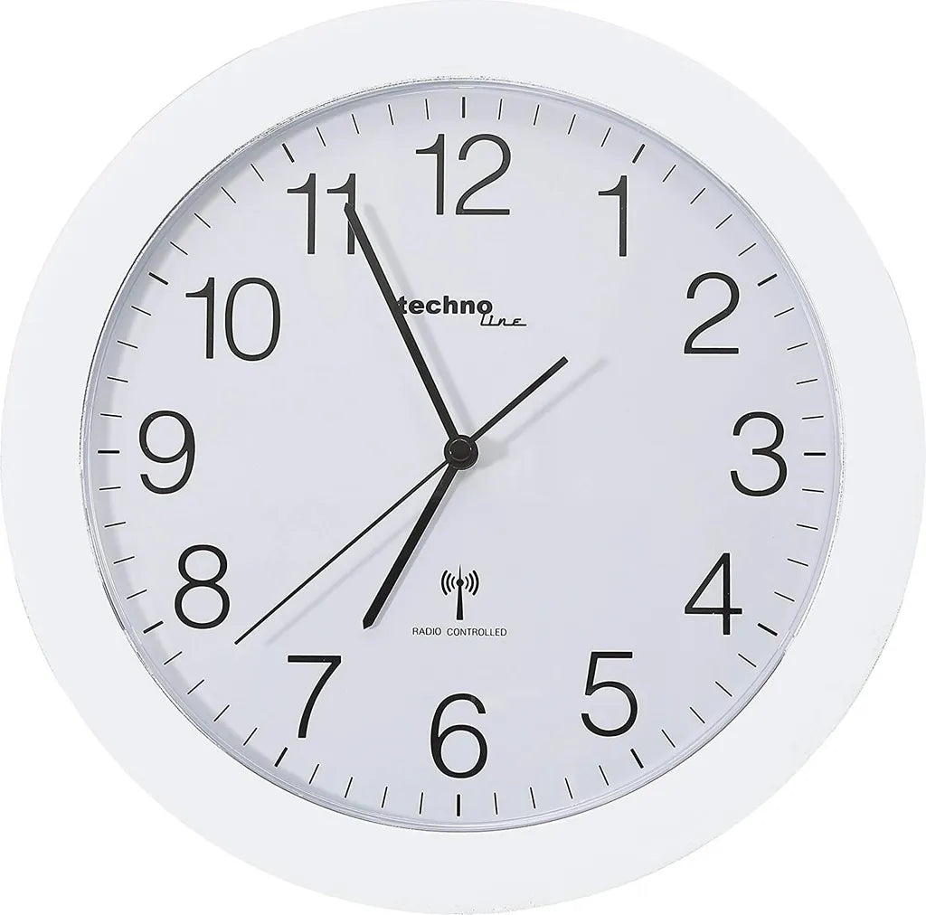  FUNK-UHR WAND-UHR TECHNOLINE WT 8000 WEIß 30CM KÜCHEN-UHR BAHNHOFS-UHR RUND/ Mit Batterie