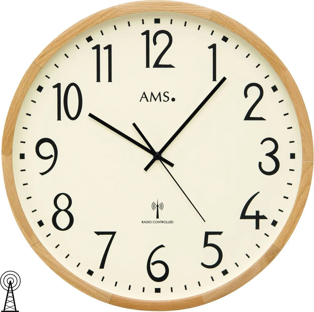  AMS 5534 Wanduhr Funk Funkwanduhr Analog Holz Buche