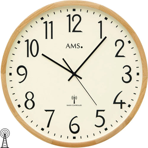  AMS 5534 Wanduhr Funk Funkwanduhr Analog Holz Buche