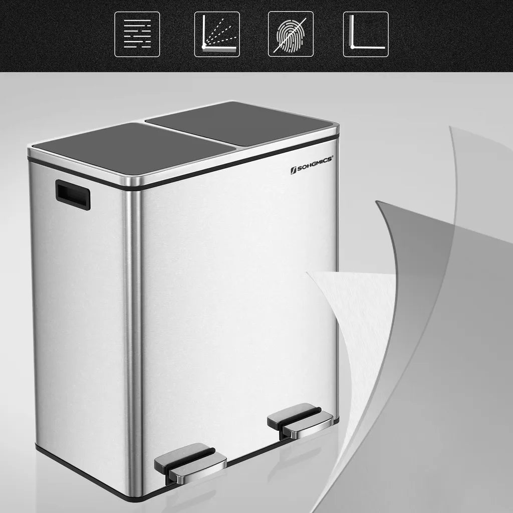  SONGMICS Mülleimer 60L Mit Müllbeutel Treteimer 2 X 30L Edelstahl Abfalleimer Mit Inneneimer Fingerabdruckfrei Mit Handgriffen Trennsysteme LTB60NL