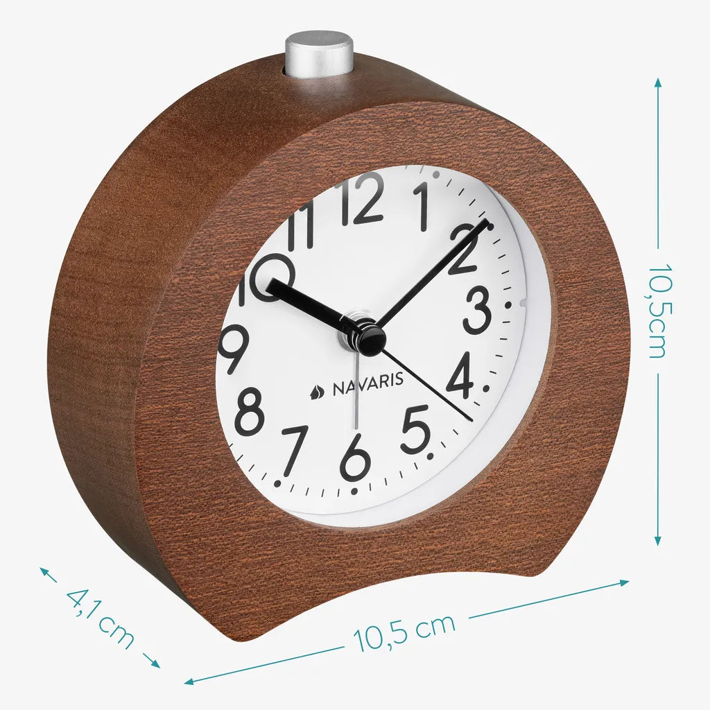  Navaris Analog Holz Wecker Mit Snooze - Retro Uhr Hufeisen Design Mit Weißem Ziffernblatt Alarm - Leise Tischuhr Ohne Ticken - Holzwecker Dunkelbraun