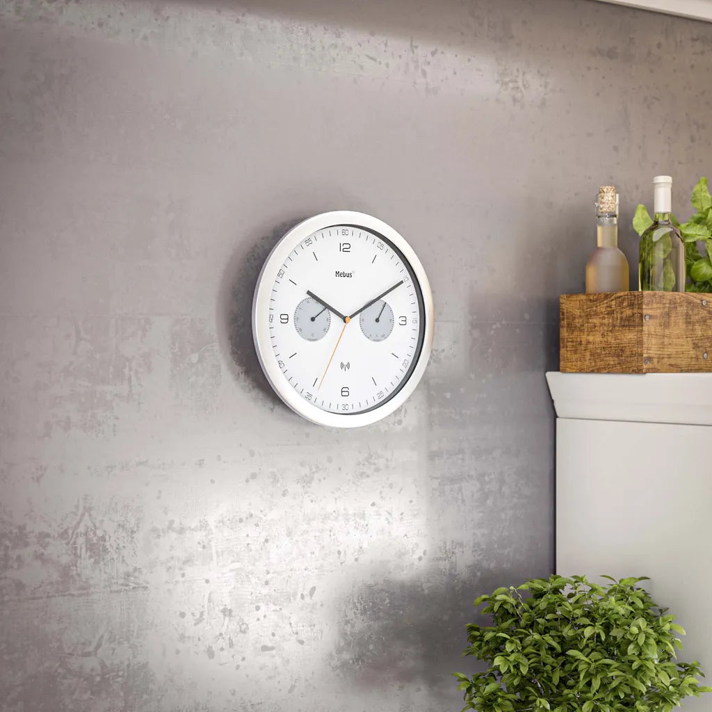  Mebus Funk-Wanduhr Mit Thermometer Und Hygrometer / Quarz-Uhrwerk / 26 Cm Durchmesser / Rund