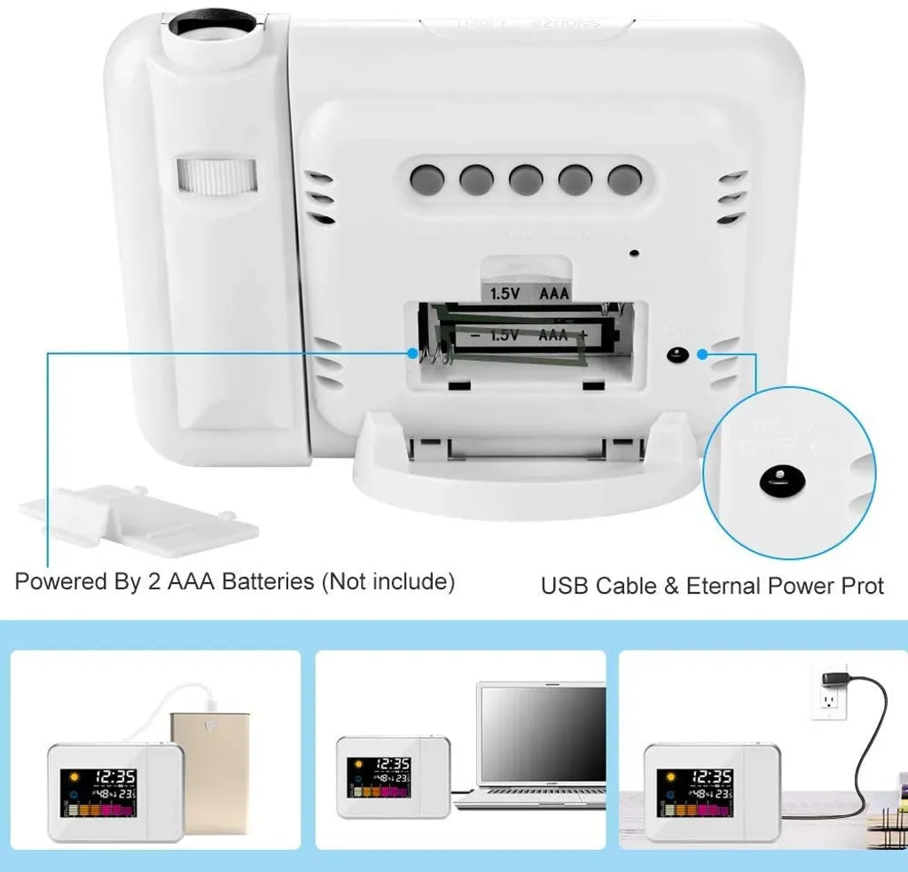  Wecker Mit Projektion, LED Digital Projektionswecker USB Aufladbar Wecker/Taktgeber Temperaturanzeige/Hygrometer/Uhrzeit & Datumsanzeige/LCD Displaybeleuchtung/LED Backlight/Snooze (Weiß)
