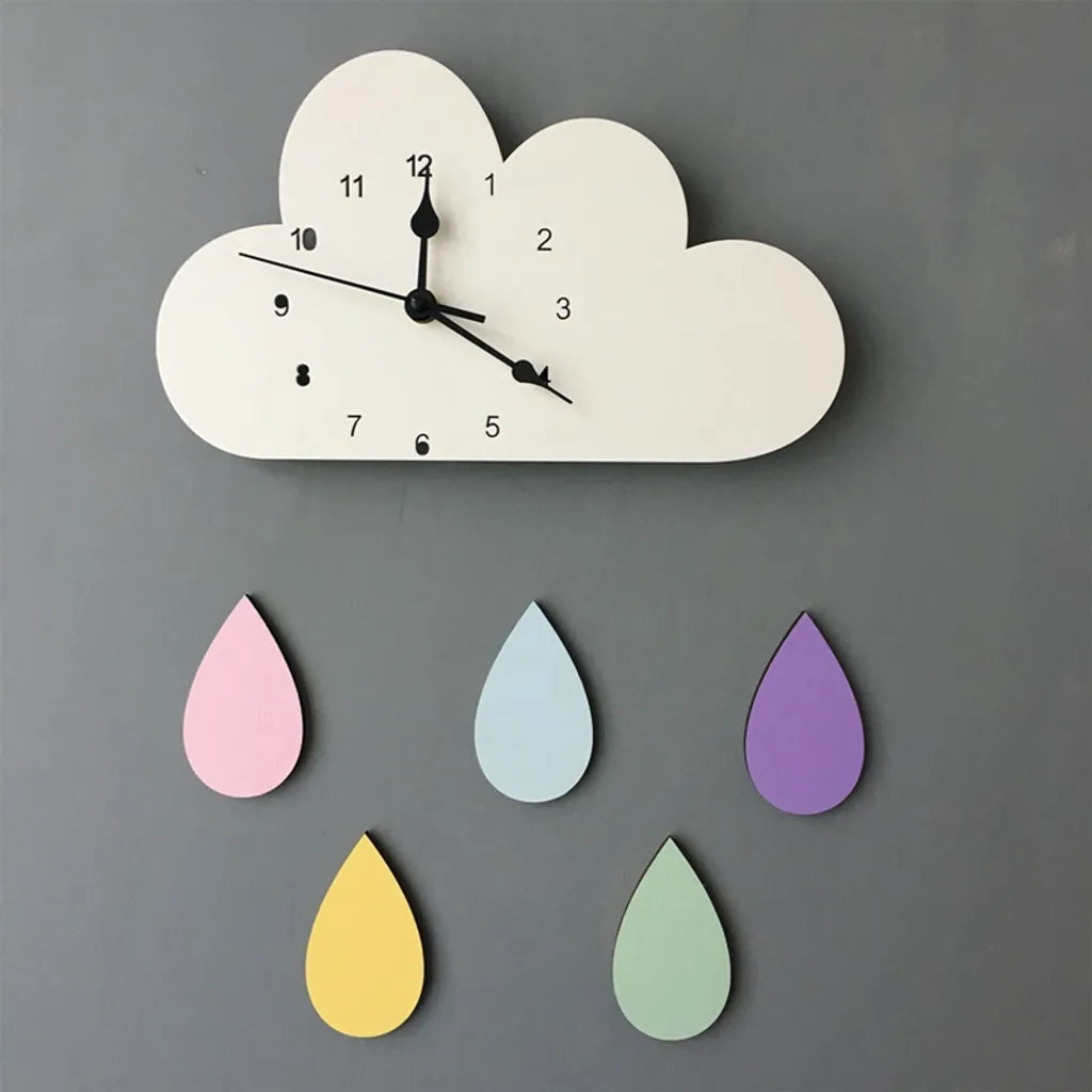  Weiß Dunkle Wolken Regentropfen Wanduhr Kinder Wanddekoration Uhr, 26*16cm