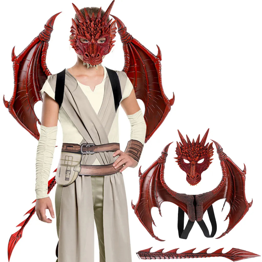 Halloween Deko Kinder Karneval Karneval Party Kostüm, Kinder Drache Dress Up Set, Halloween Kostüm, Rot Set：Drachen Maske + Flügel + Schwanz